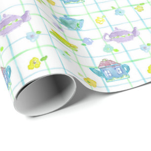Pastell-Wasserfarbe-Teekannen-Blumen Geschenkpapier