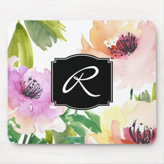 Pastell-Wasserfarben-Blumenmonogramm Mousepad (Vorne)