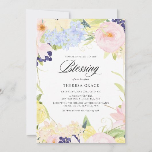 Pastell Watercolor Floral Frame Segen Einladung (Vorderseite)