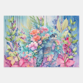 Pastell Watercolor Floral Sea Turtles Geschenkpapier Set