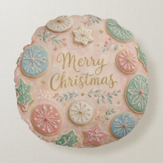 Pastell-Weihnachtskekse Frohe Weihnachten Schneefl Rundes Kissen