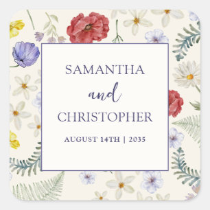 Pastell-Wildblumen- & Blatt-Hochzeit  Quadratischer Aufkleber