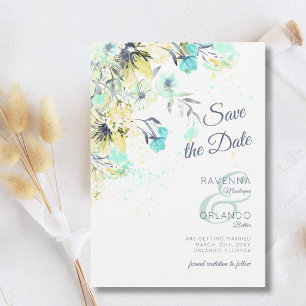 Pastell-Wildblumen-Botanik-Romantik Blaue Hochzeit Save The Date