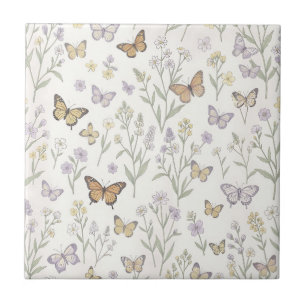 Pastell-Wildblumen-Schmetterlinge-Wiese-Botanik Fliese