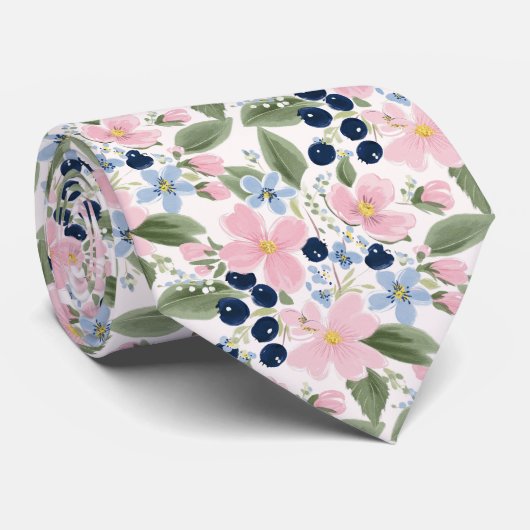 Pastell-Wildblumen- und Blaubeer-Blumenmuster  Krawatte (Gerollt)
