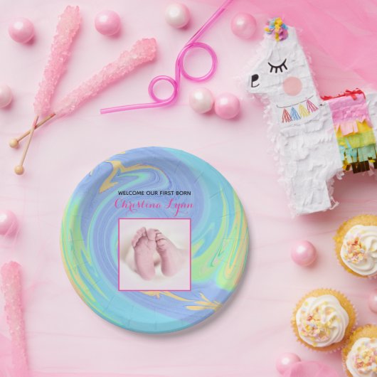 Pastell Willkommen zuerst Geboren mit benutzerdefi Pappteller (Party)