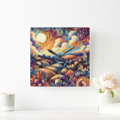 Pastell Zeichnend Abstrakte Landschaft Quadratische Wanduhr (Zuhause)