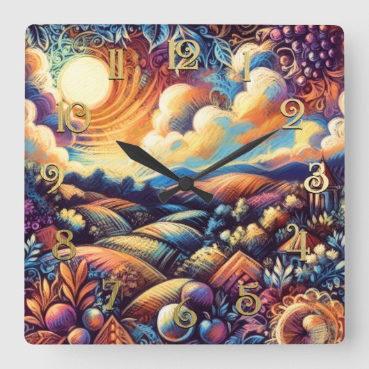 Pastell Zeichnend Abstrakte Landschaft Quadratische Wanduhr (Vorderseite)