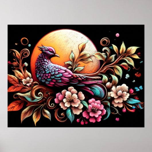 Pastell Zeichnend asiatische Blumenfasan Poster (Vorne)