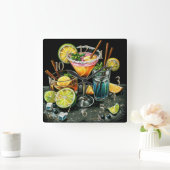 Pastell Zeichnend Cocktails Citrus Wedges Quadratische Wanduhr (Zuhause)