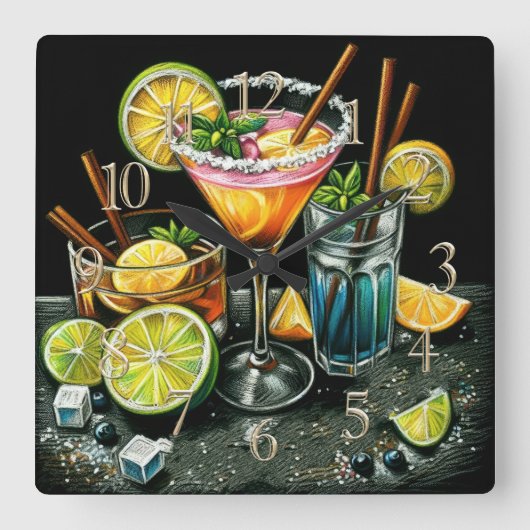 Pastell Zeichnend Cocktails Citrus Wedges Quadratische Wanduhr (Vorderseite)
