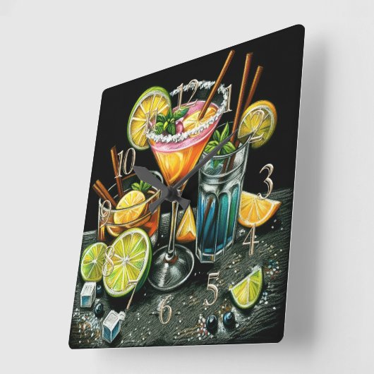 Pastell Zeichnend Cocktails Citrus Wedges Quadratische Wanduhr (Winkel)