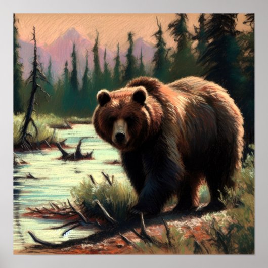 Pastell Zeichnend Grizzly Bär in der Natur Poster (Vorne)