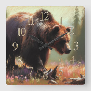 Pastell Zeichnend Grizzly Bär in der Natur Quadratische Wanduhr