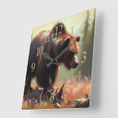 Pastell Zeichnend Grizzly Bär in der Natur Quadratische Wanduhr (Winkel)