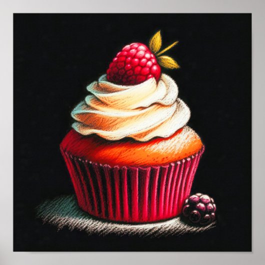 Pastell Zeichnend Himbeere Cupcake Poster (Vorne)
