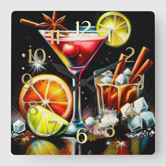 Pastell Zeichnend rosa Cocktail Zitrusfrüchte Gewü Quadratische Wanduhr (Vorderseite)