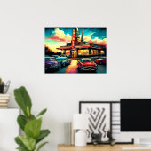 Pastell Zeichnend Vintages Abendessen und Autos Poster (Heimbüro)