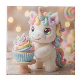 Pastell-Zucker-Einhorn mit Regenbogen-Cupcake Fliese
