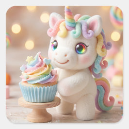 Pastell-Zucker-Einhorn mit Regenbogen-Cupcake Quadratischer Aufkleber