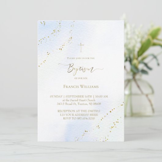 Pastellblau Aquarell Taufe Einladung (Stehend Vorderseite)