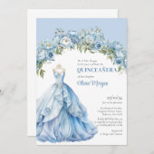 Pastellblau Blütenbäuche Formal Gown Quinceañera Einladung (Vorne/Hinten)