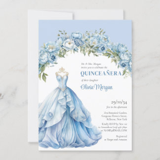 Pastellblau Blütenbäuche Formal Gown Quinceañera Einladung