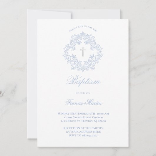 Pastellblau, elegant Wappen Baby Boy Taufe Einladung (Vorderseite)