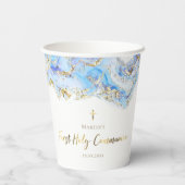 Pastellblau, flüssiger Marmor Erste Heilige Kommun Pappbecher (Rückseite)
