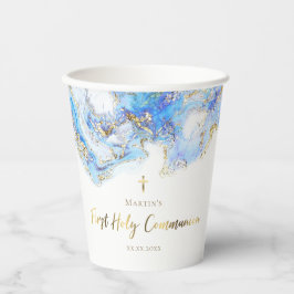 Pastellblau, flüssiger Marmor Erste Heilige Kommun Pappbecher