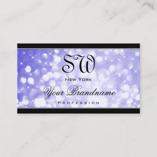 Pastellblau Glitzer Sparkle Stars Monogramm Schwar Visitenkarte (Vorderseite)