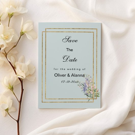 Pastellblau-Goldlavene, rosa Flora Save the Date Einladung