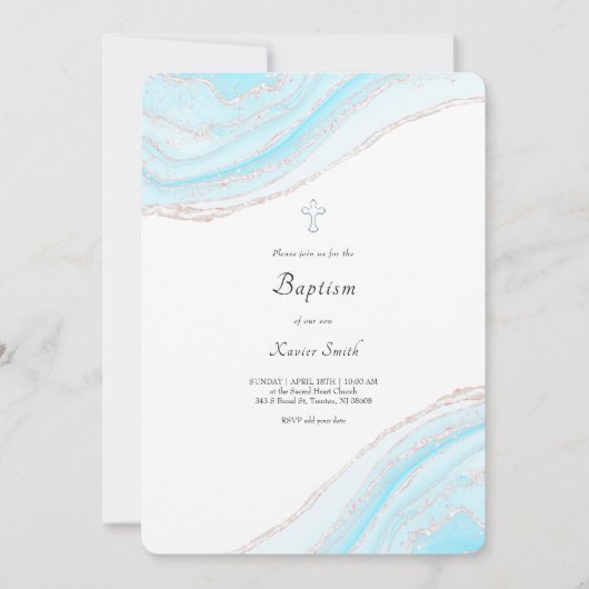Pastellblau Marmor Taufe Baby Junge Einladung (Vorderseite)