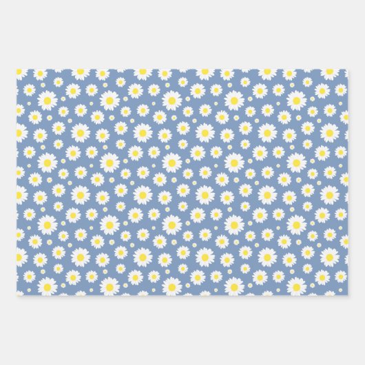 Pastellblau mit gelbem weißem Daisy-Blume-Muster Geschenkpapier Set (Vorderseite 3)
