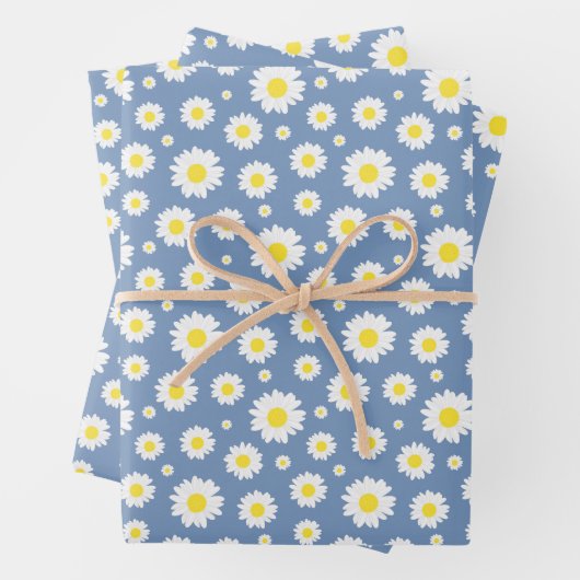 Pastellblau mit gelbem weißem Daisy-Blume-Muster Geschenkpapier Set (Beispiel)