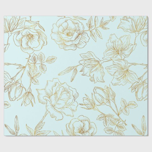 Pastellblau, mit Goldrosen Geschenkpapier (Flach)