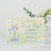 Pastellblau niedlicher Roboter, ein Kinderduschkop Einladung (Stehend Vorderseite)