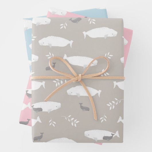 Pastellblau Rosa und Grau Beluga Baby Whale Design Geschenkpapier Set (Beispiel)