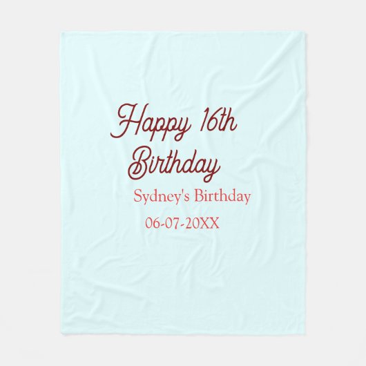 Pastellblau rote fröhliche 16. Geburtstag Name Dat Fleecedecke (Vorderseite)
