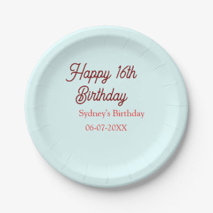 Pastellblau rote fröhliche 16. Geburtstag Name Dat Pappteller