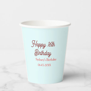 Pastellblau rote glückliche 16. Geburtstag Name Da Pappbecher