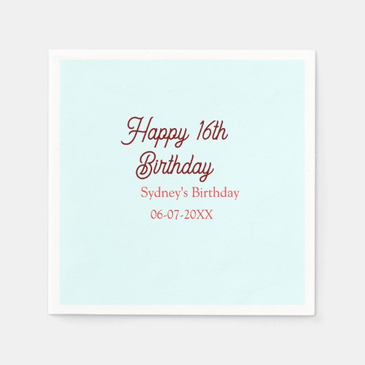 Pastellblau rote glückliche 16. Geburtstag Name Da Serviette (Vorderseite)