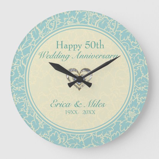 Pastellblau und cremefarbene Damasken Große Wanduhr (Vorderseite)