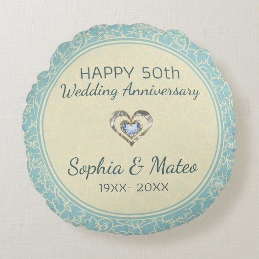 Pastellblau und cremefarbene Damasken Rundes Kissen (Vorderseite)