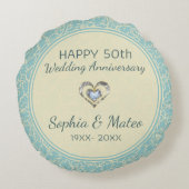 Pastellblau und cremefarbene Damasken Rundes Kissen (Rückseite)