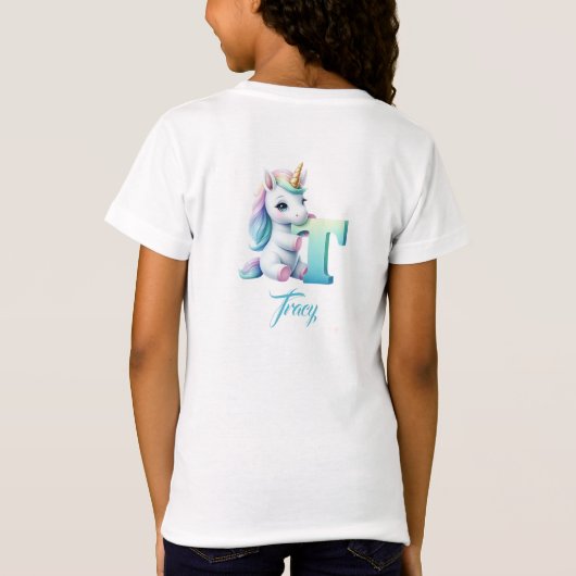 Pastellblau und grün Unicorn Buchstabe T Monogramm T-Shirt (Rückseite)