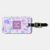 Pastellblau und Lila Blumenmuster Mit Monogramm Gepäckanhänger (Vorderseite horizontal)