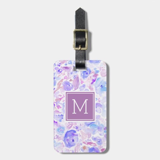 Pastellblau und Lila Blumenmuster Mit Monogramm Gepäckanhänger (Vorderseite vertikal)