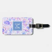 Pastellblau und Lila Blumenmuster Mit Monogramm Gepäckanhänger (Vorderseite horizontal)