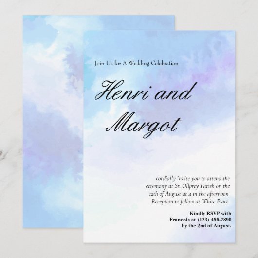 Pastellblau und Lila Wasserfarben-Blindskripte Einladung (Vorne/Hinten)